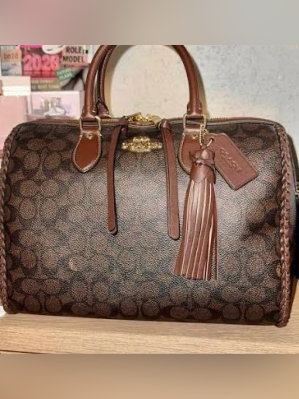 Coach Large Brown Signature Braided Rowan Satchel with Tassel